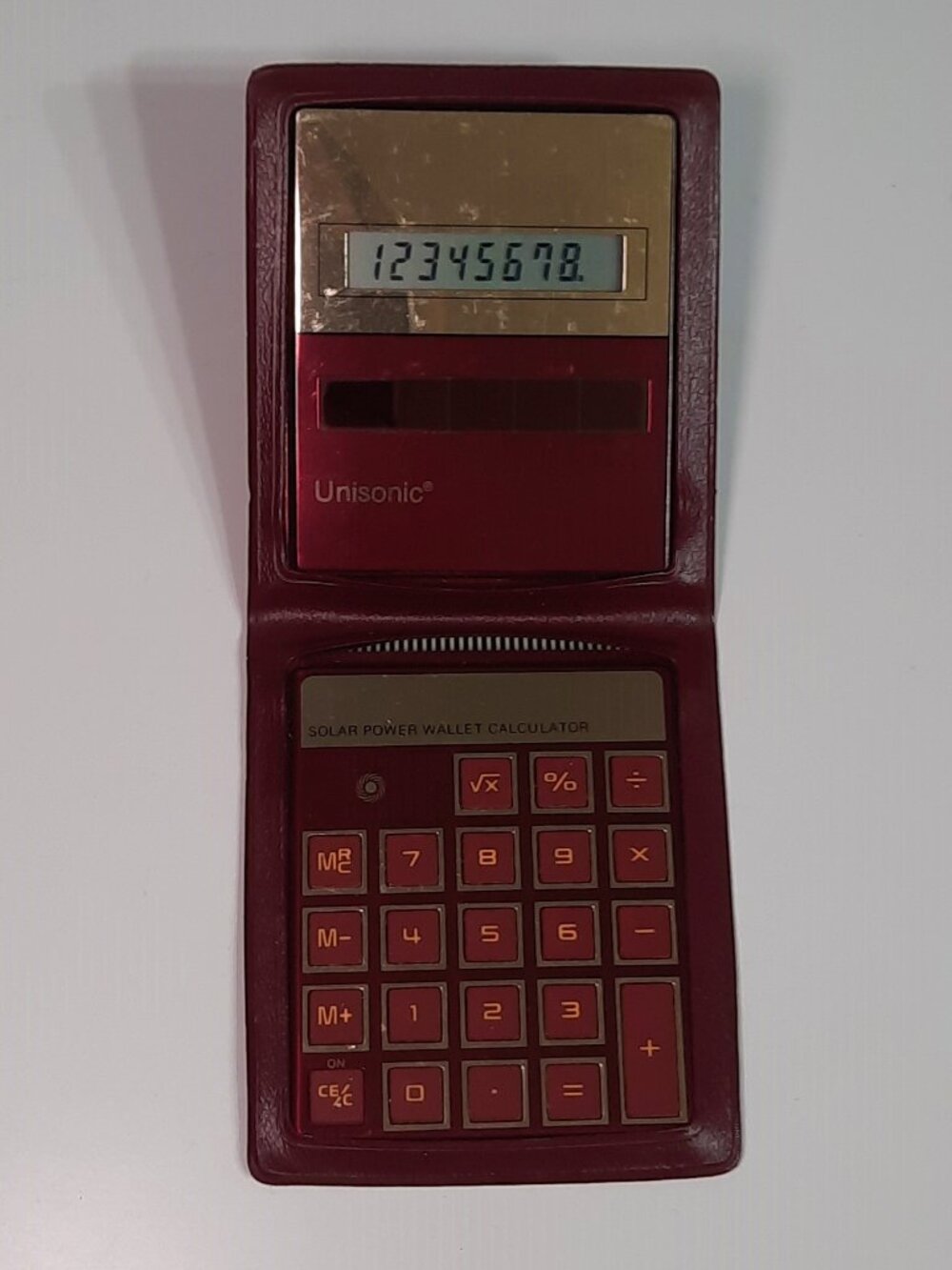Vintage Unisonic Solar Wallet Calculator Red Folding Case Works Taiwan